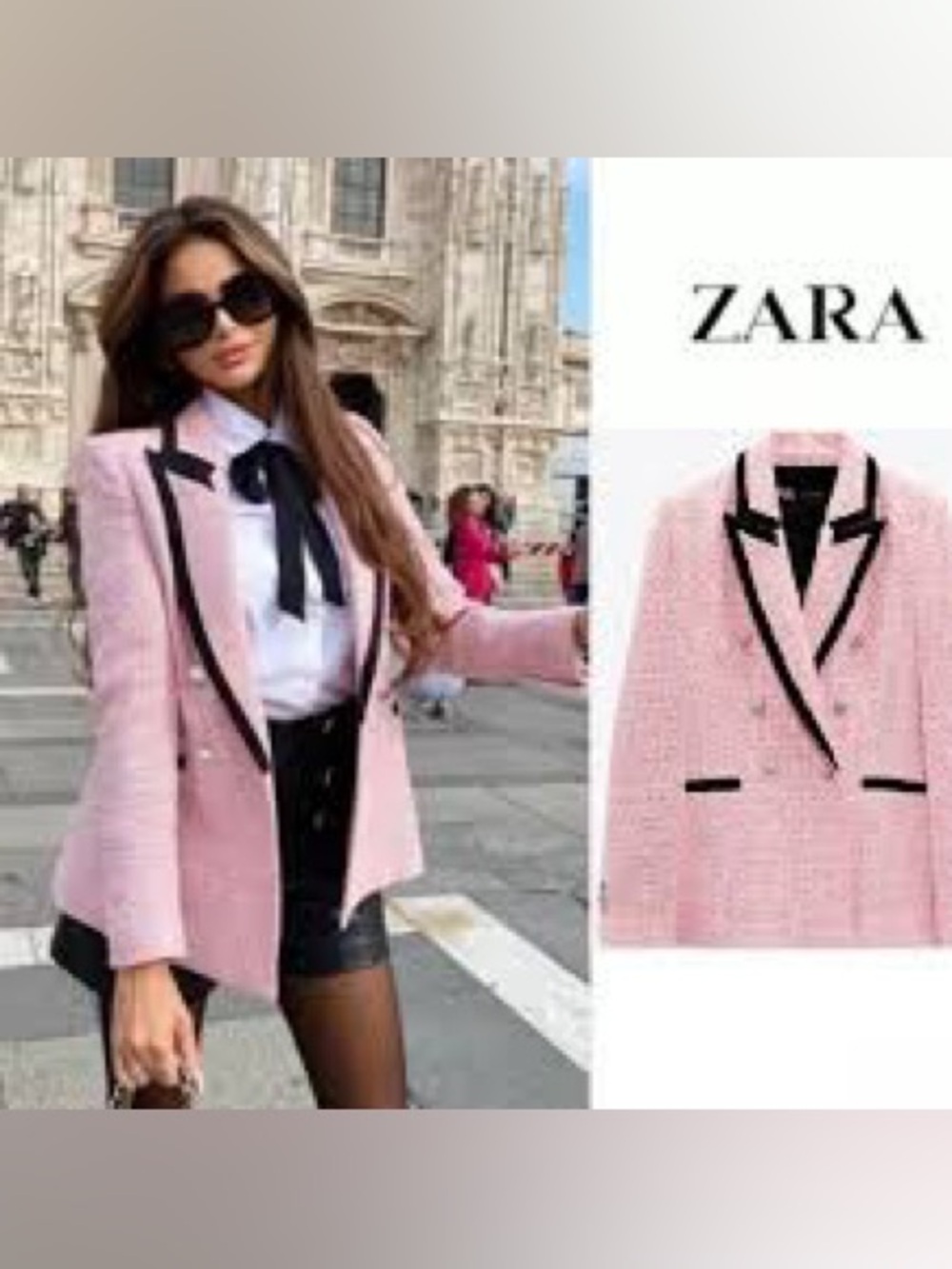 Zara Pink Tweed Double-Breasted Blazer with Black Trim💓